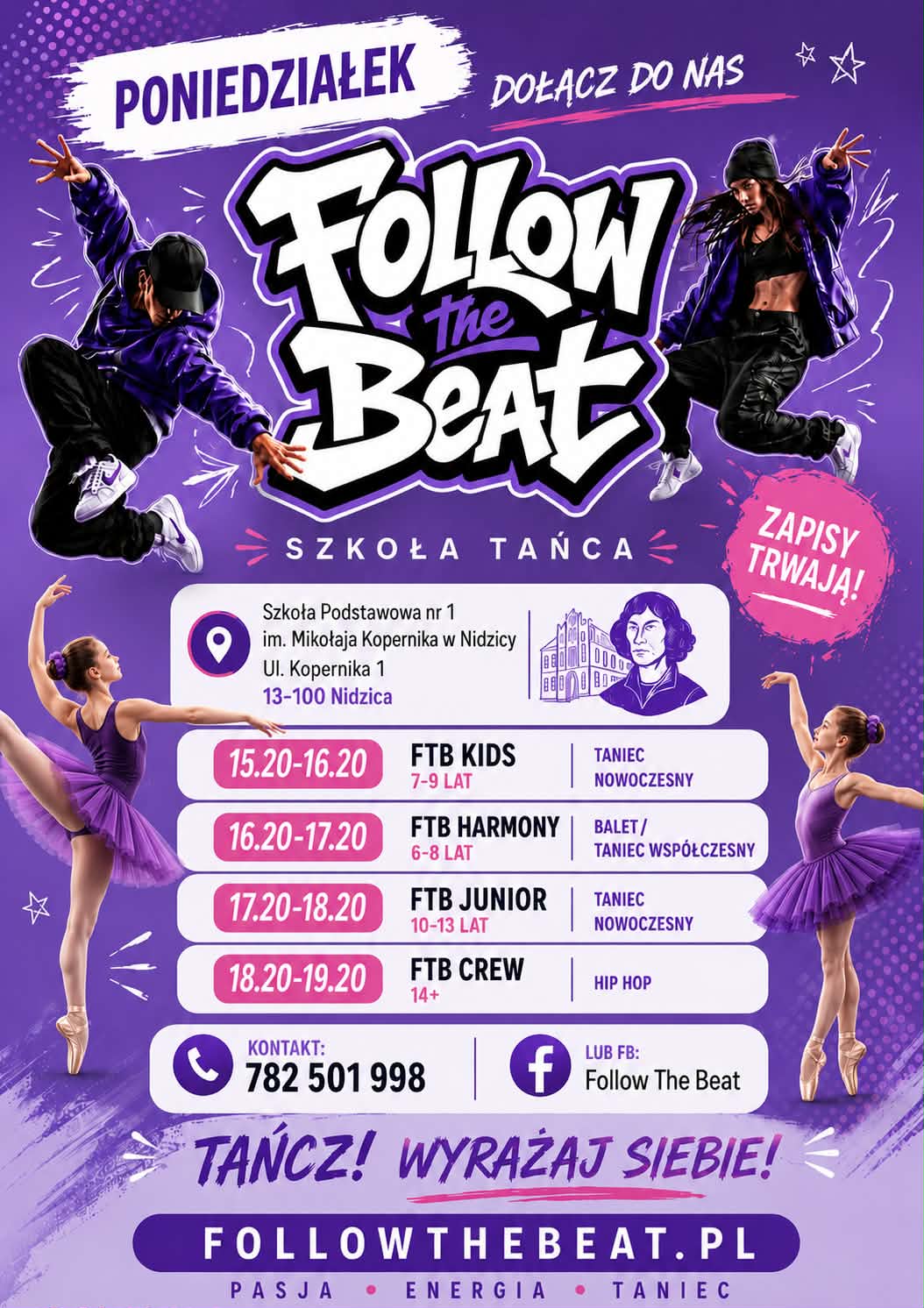 Plakat poniedziałkowych zajęć Follow The Beat w Nidzicy